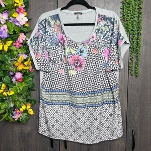 ^🌼3/$30🌼Bianca Grey Floral Printed Short Sleeve Blouse Top Size XL